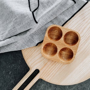 Oak wood egg holder for 4 eggs. Farmhouse Fresh Egg Storage. image 1