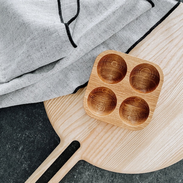 Oak wood egg holder for 4 eggs. Farmhouse Fresh Egg Storage.