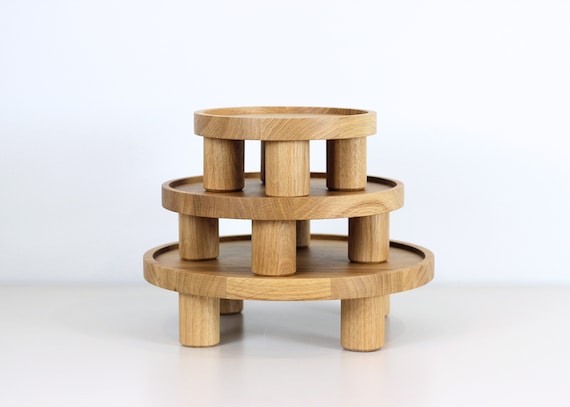 Wooden Pedestal Tray. Serving Cake Stand. Raised Oak Display for Dining & Home Decor.