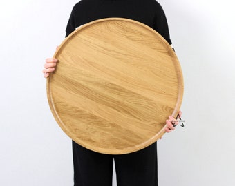 Round Wooden Serving tray. Oak wood Ottoman Circle platter for coffee table.