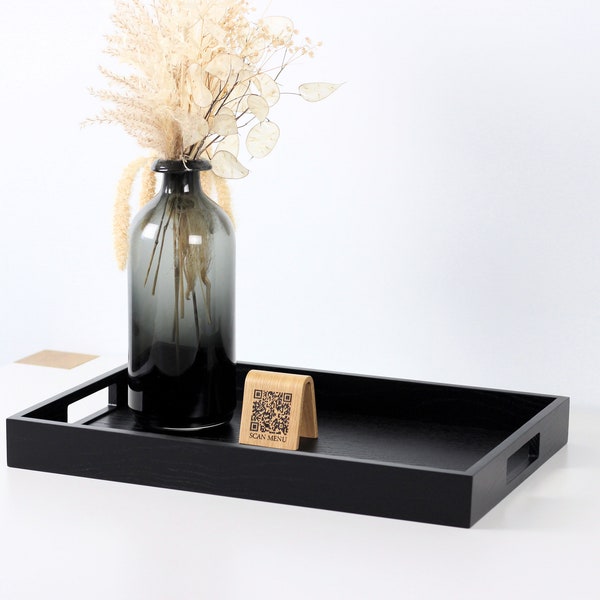 Wood serving tray Ottoman tray with handles. Black wood tray Housewarming gift