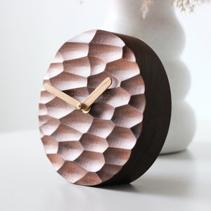 Walnut Wood Table Clock – Silent Desk Clock, Carved Wooden Office Decor, Unique Handmade Clock for Home or Gift