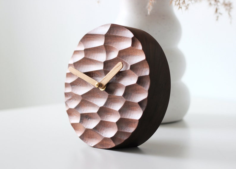 Walnut wood desk clock with beautifully carved texture design, adding an elegant and artistic touch to your workspace