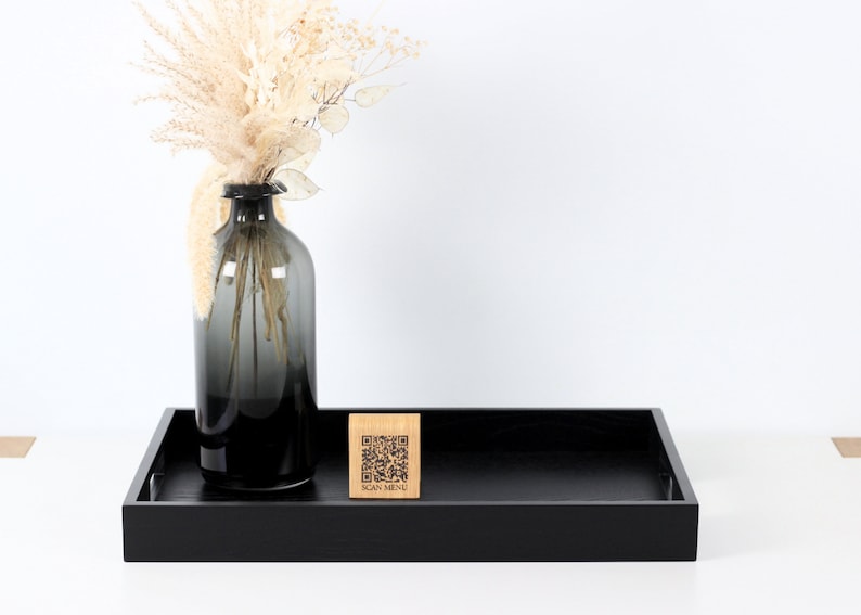 Modern black wooden rectangular serving tray with handles - decorative serving tray.