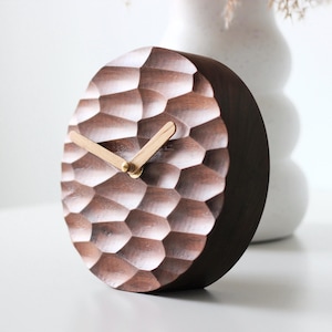 Walnut Wood Table Clock. Silent Desk Clock, Carved Wooden Office Décor, Handmade Unique Clock