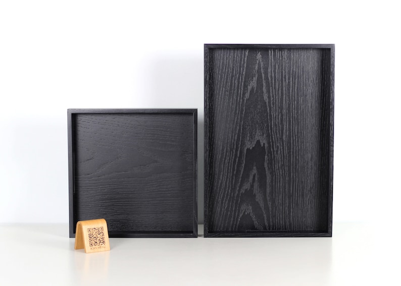 Modern black wooden rectangular serving tray with handles - decorative serving tray