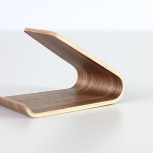 Walnut wood tablet stand for office desk. Personalized tablet holder. Minimalist bentwood design. Home office accessories.