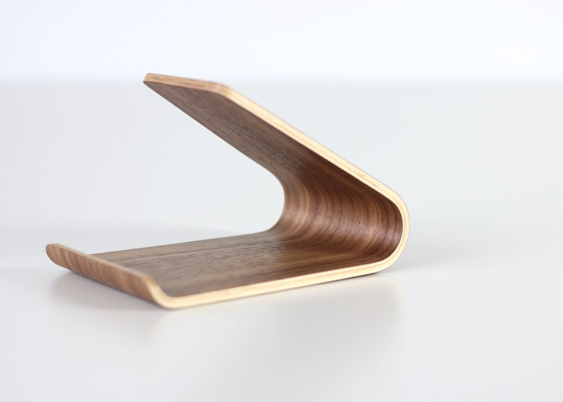 Walnut wood tablet stand for office desk. Personalized tablet holder. Minimalist bentwood design. Home office accessories.