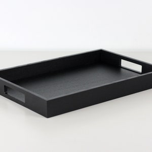 Modern black wooden rectangular serving tray with handles - decorative serving tray. Black wood ottoman tray