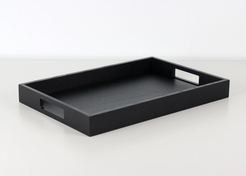 Modern black wooden rectangular serving tray with handles - decorative serving tray. Black wood ottoman tray