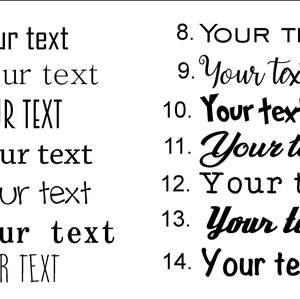 May include: A white background with black text showing 14 different ways to write "Your text" in various fonts and styles.