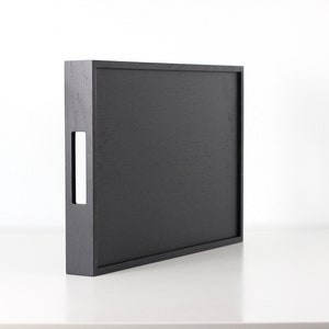 Modern black wooden rectangular serving tray with handles - decorative serving tray. Black wood ottoman tray