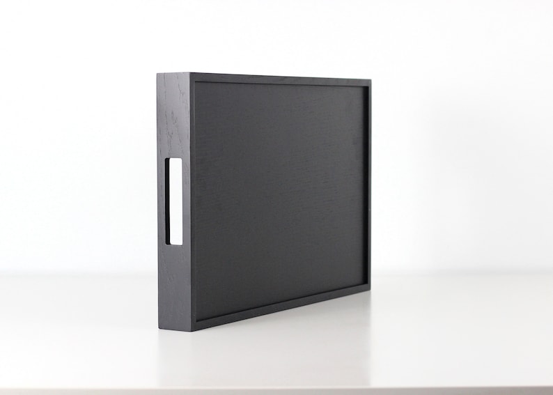 Modern black wooden rectangular serving tray with handles - decorative serving tray. Black wood ottoman tray