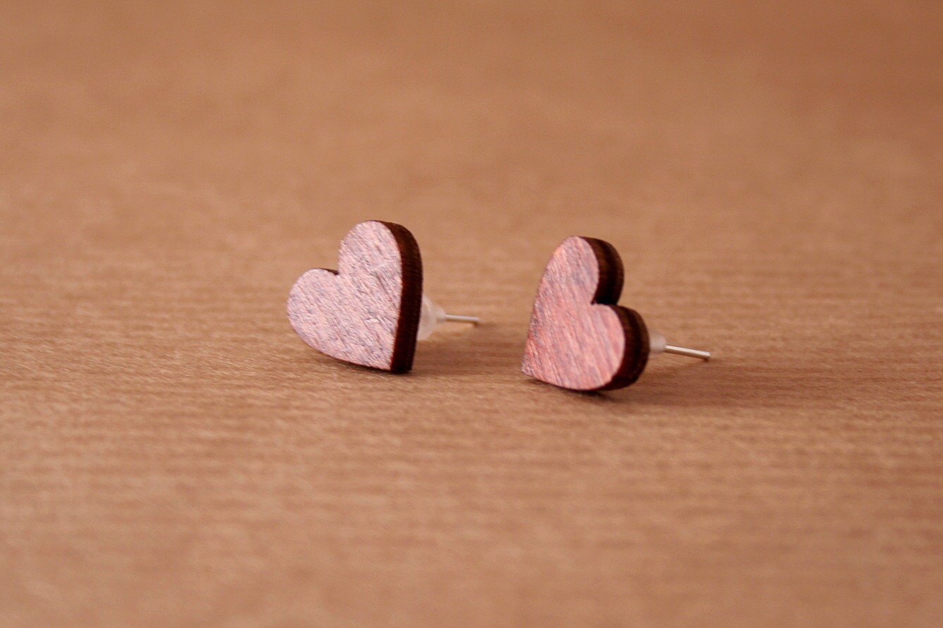 Wooden Heart Earrings Valentines Day Present. Wooden studs. Etsy