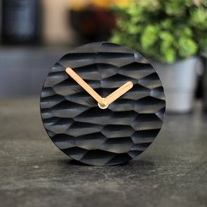 Desk clock Wood table clock decor. Wooden carving texture nightstand clock. Unique clock gift.