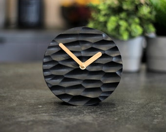 Wooden Desk Clock. Table Clock with Carved Texture, Nightstand Décor, Unique Gift