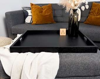 Oversized Ottoman tray. Handmade Wooden Serving Decor with Handles for Coffee table.
