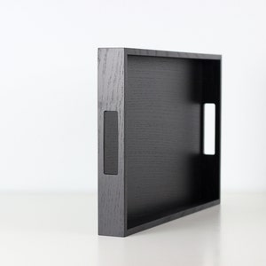 Modern black wooden rectangular serving tray with handles - decorative serving tray. Black wood ottoman tray