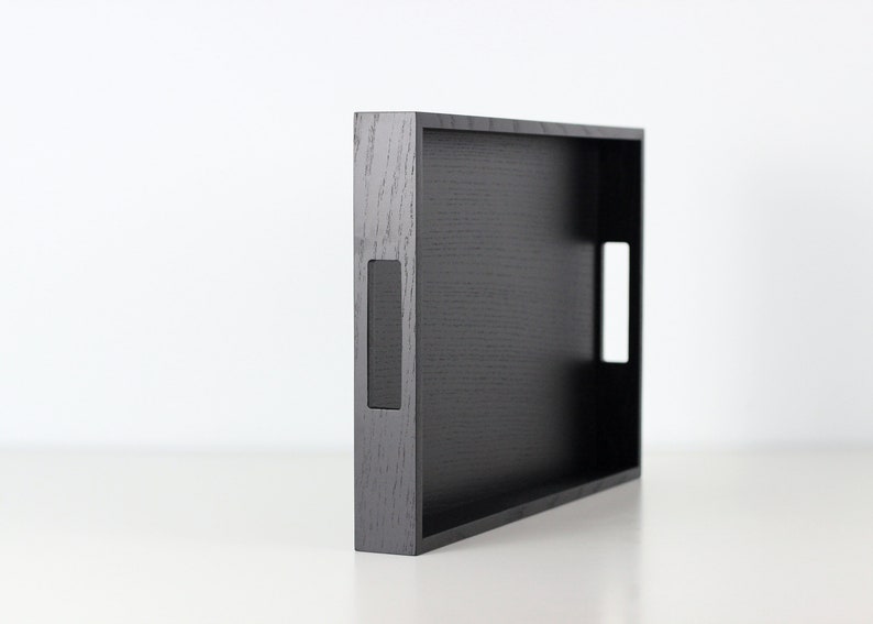 Modern black wooden rectangular serving tray with handles - decorative serving tray. Black wood ottoman tray