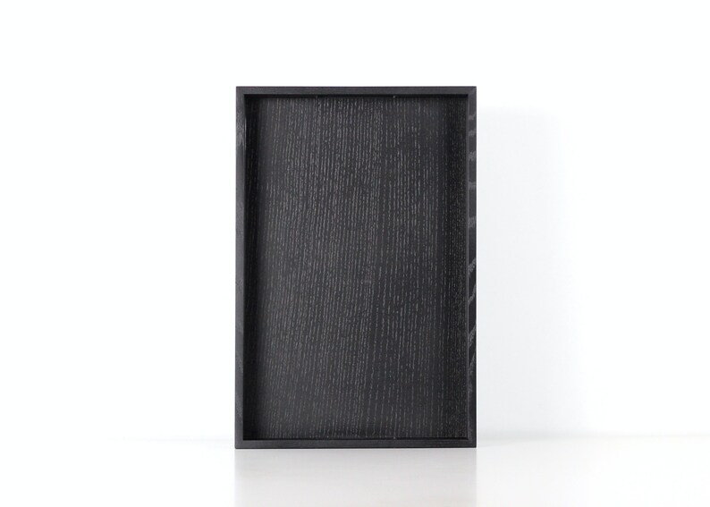 Modern black wooden rectangular serving tray with handles - decorative serving tray. Black wood ottoman tray