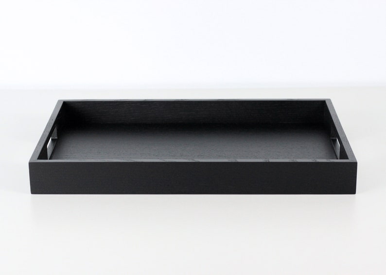 Modern black wooden rectangular serving tray with handles - decorative serving tray. Black wood ottoman tray