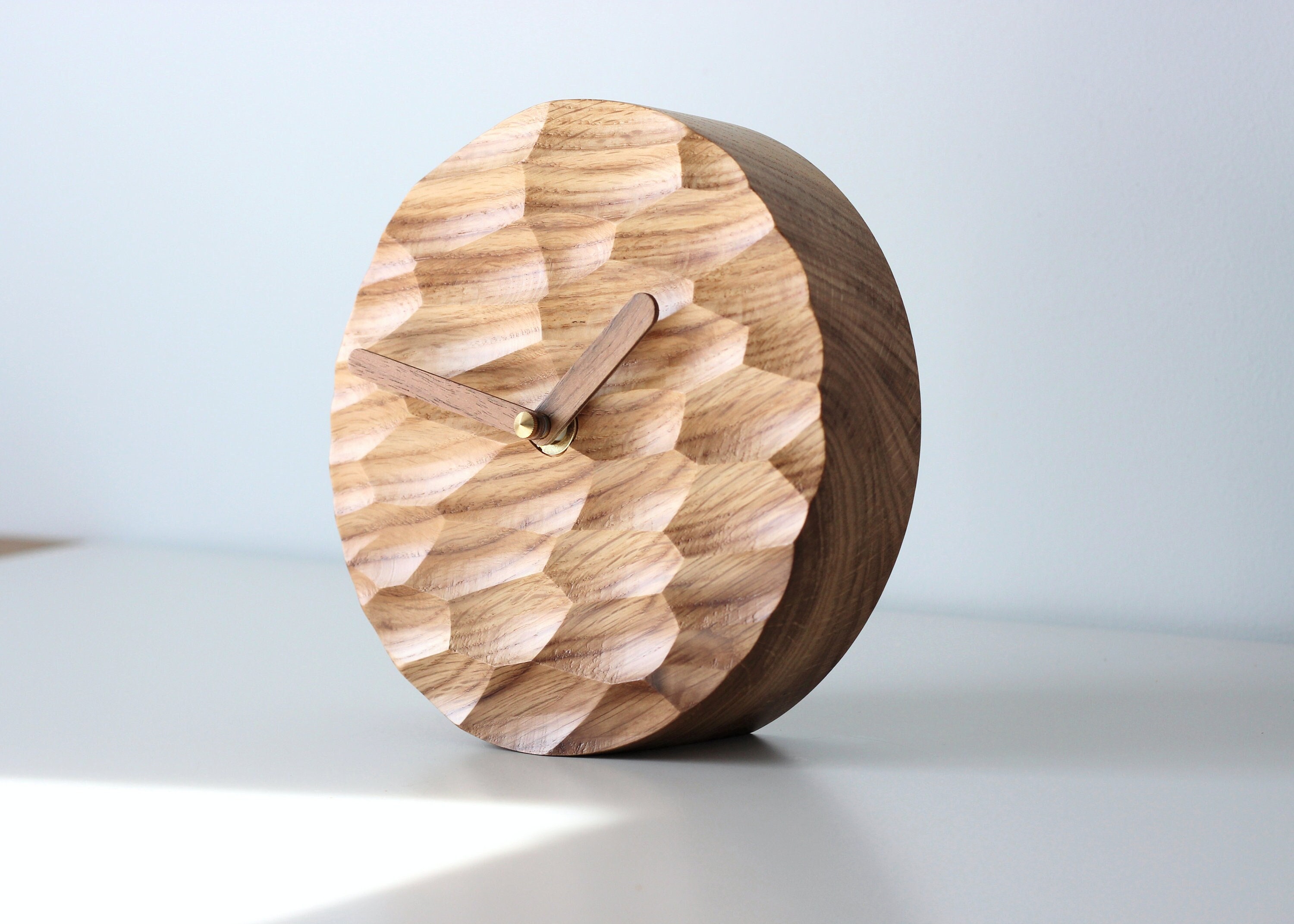 Wooden Office Desk Clock. Table Clock with Carved Texture, Oak Wood Unique Gift