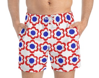 Red white blue flowers Swim Trunks Men's, 4th of July Mens Swim Trunks Red White and Blue Flowers, 4th of July festive men's Swim trunks