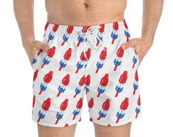 4th of July Popsicle Men's Swim Trunks, Red White and Blue Swim Trunks Men's, Throwback 4th of July Popsicle Men's Swim Trunks