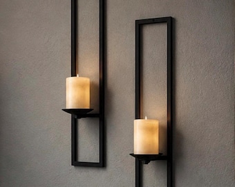 Industrial Steel Rectangle Candle Sconces- Set of 2. Height-24 inches. Width-4.5 inches. Made from 1/2 inch solid square iron rod.