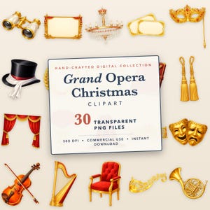 Paquete de imágenes PNG navideñas de la Gran Ópera, gráficos de acuarela de teatro vintage (descarga instantánea)