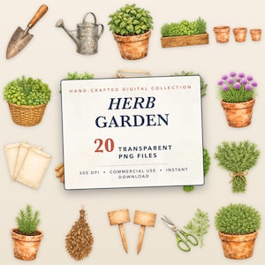 Könnte beinhalten: Eine digitale Sammlung von Kräutergarten-Illustrationen mit einer Metallkelle, Gießkanne, Terrakottatöpfen, Körben, Samentüten, Gartensteckern, Schere und verschiedenen Kräutern mit dem Text Herb Garden 20 Transparent PNG Files.