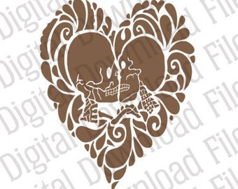 Vector Stencil Graphic - DD00003 Kissing Skeletons with a Heart Design - INSTANT DOWNLOAD archivo en formatos Ai y Svg - Valentine Skull Love