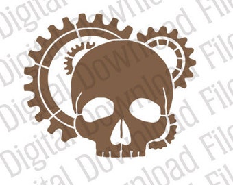 Vector Stencil Graphic - DD67 - Skull & Cogs - DIGITAL DOWNLOAD archivo en formatos Ai y Svg - Imagen lista para vinilo totalmente editable - Steampunk