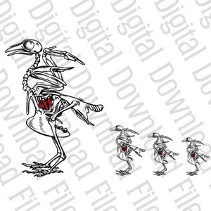 May include: A line of five skeletal bird figures, with the first bird standing upright and the remaining four birds walking in a line. The first bird has a red heart in its chest cavity.