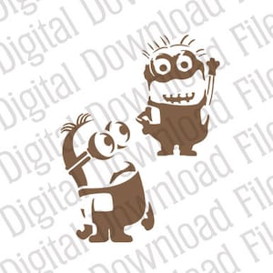 May include: Two brown cartoon characters with large eyes and toothy grins. The characters are wearing overalls and have a similar design.