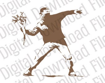 Gráfico vectorial - DD78 Banksy Flower Thrower - DESCARGA DIGITAL - Formatos Ai y SVG - Imagen lista para vinilo totalmente editable, arte callejero de grafiti