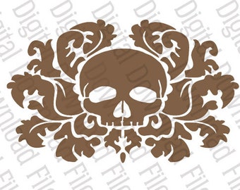 Vector Stencil Graphic - DD20 - Skull on Damask - DIGITAL DOWNLOAD file in Ai and Svg formats - Fully Editable Vinyl Ready Image - Steampunk