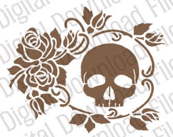 Vector Stencil Graphic - DD72 Rose Vine Skull - DIGITAL DOWNLOAD archivo en formatos Ai y Svg - Imagen lista para vinilo totalmente editable - Steampunk
