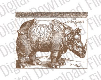 Gráfico vectorial - DD51 Rinoceronte de Alberto Durero - DESCARGA DIGITAL - Formatos Ai y SVG - Imagen editable, bloque de arte de impresión en claroscuro con linograbado en xilografía