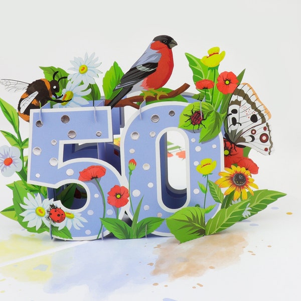 Cardologie - carte pop-up 50e anniversaire - carte florale 50e anniversaire pour femme