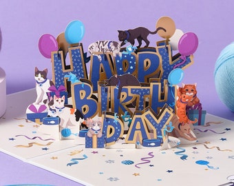 Pop-upkaart katten gelukkige verjaardag | 3D liefdadigheidscadeau voor kattenliefhebbers | Cardologie