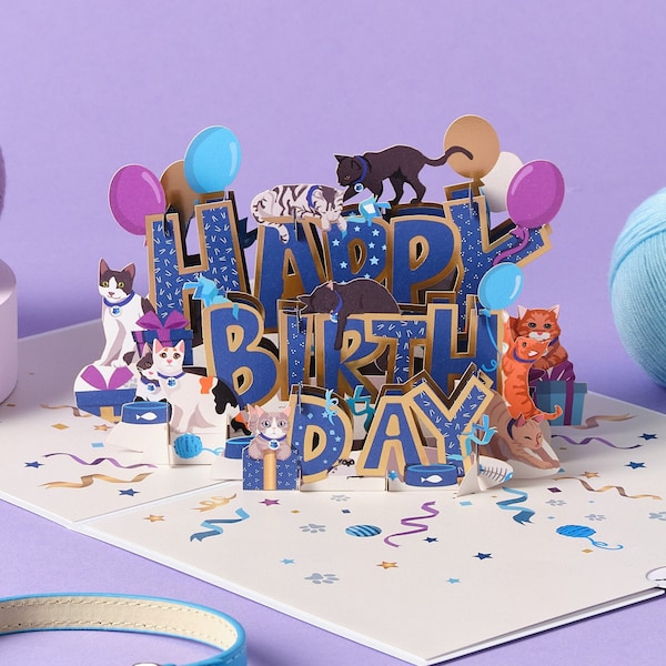 Carte pop-up Happy Birthday Cats - Carte de bienfaisance Battersea Dogs & Cats pour la maison - Sous licence officielle