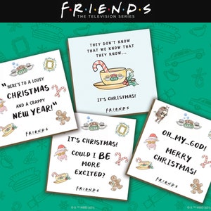 Paquete de tarjetas navideñas del programa de televisión Friends / Paquete de 4 tarjetas navideñas divertidas para fanáticos de Friends / Tarjetas con licencia oficial