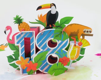 Tropikalna kartka pop-up z okazji 18. urodzin dla niej | Cardology