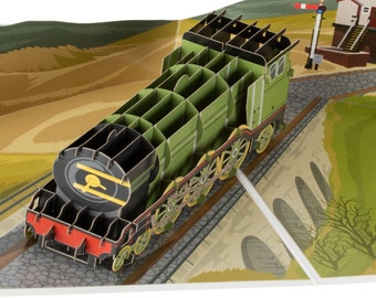 vintage Train à vapeur anniversaire Pop Up carte - carte inspirée des Écossais volants | Parfait pour la fête des pères, les anniversaires ou pour les cadeaux de train | Fait main