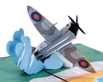 Carte pop-up d'anniversaire Spitfire - Cadeaux RAF, cadeaux pour les amateurs d'avion, cartes et cadeaux pour l'aviation, Spitfire volant modèle 3D | Fait main