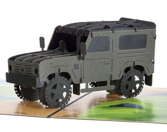 Off-Road 10x10 Pop Up Karte | Verteidiger inspirierte Geburtstagskarten für Ihn | Kardologie