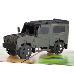 Biglietto pop-up fuoristrada 4x4 / SUV grigio, biglietto di auguri di compleanno ispirato al Defender, biglietti per la festa del papà, biglietti di auguri per lui, biglietti per auto / biglietti fatti a mano