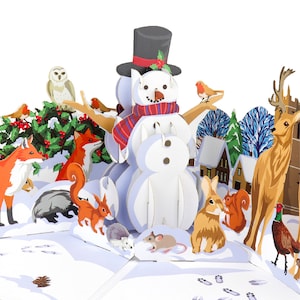 Carte pop-up de Noël des bois d'hiver | Cartes pop-up de Noël pour les amoureux de la nature | Cartes de Noël inspirées de la faune britannique | Fait main