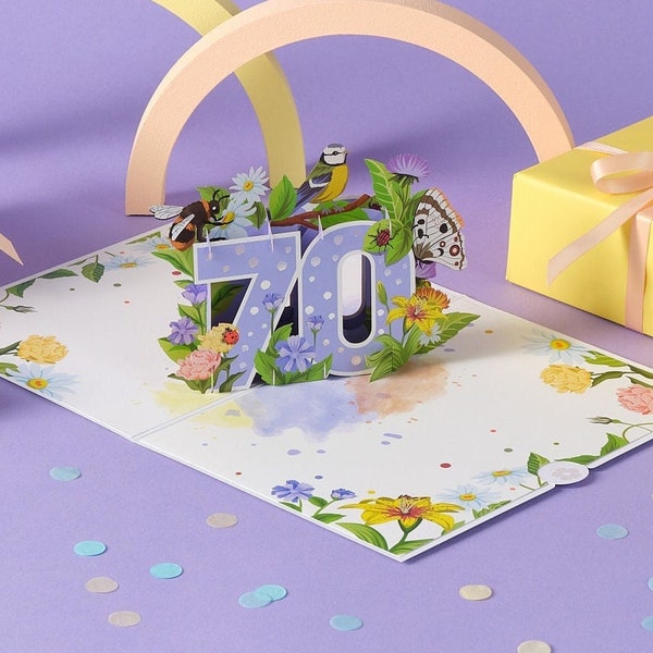 Cardology - 70er Geburtstag Pop Up Karte - Blumen 70er Geburtstagskarte für Frauen